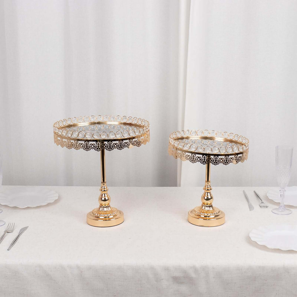 Set of 2 Pedestal Cake Stands Round Design with Mirror Top Gold - Crystal Beaded Cupcake Dessert Display Metal 11", 13" - Bell Racket Store
