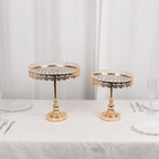 Set of 2 Pedestal Cake Stands Round Design with Mirror Top Gold - Crystal Beaded Cupcake Dessert Display Metal 11", 13" - Bell Racket Store