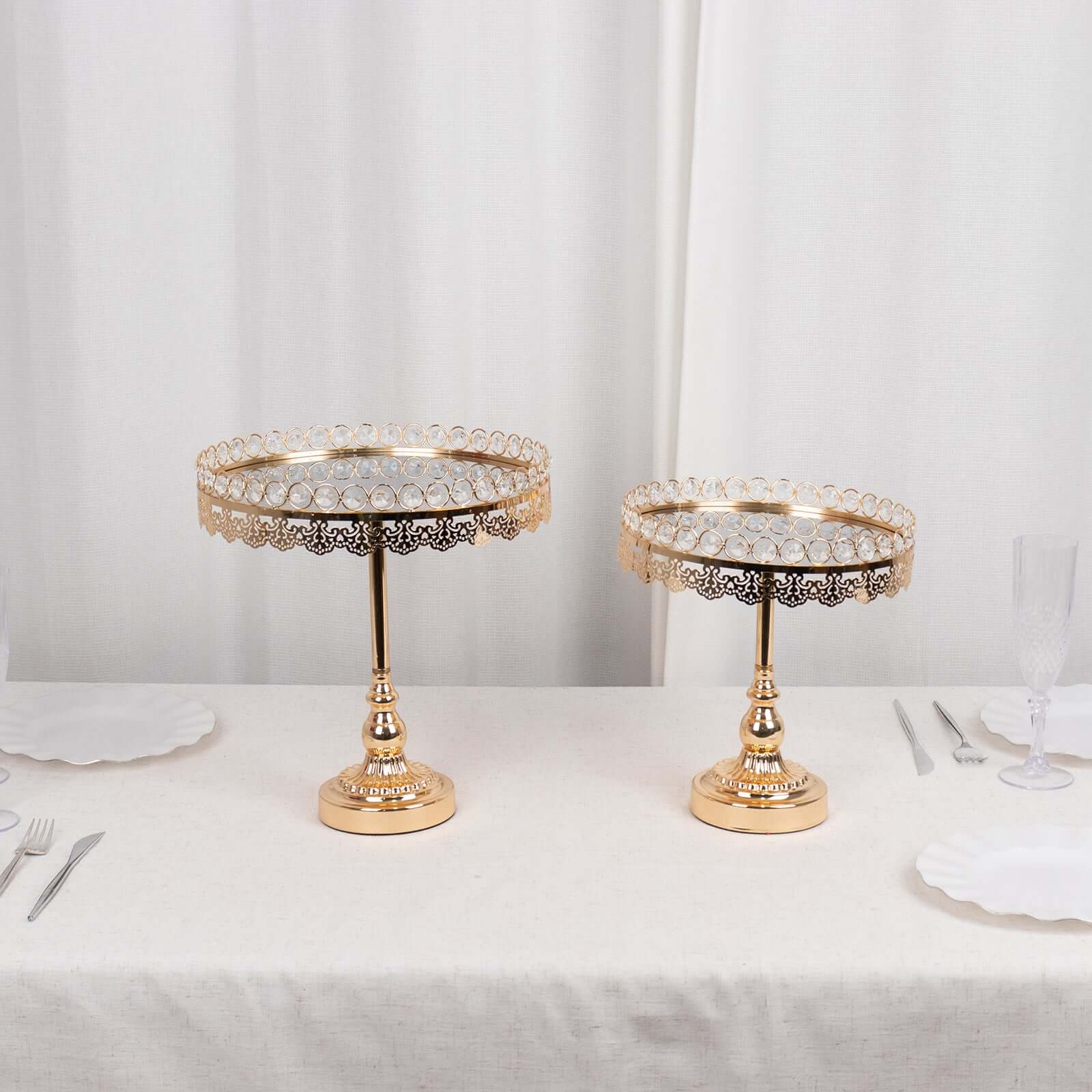Set of 2 Pedestal Cake Stands Round Design with Mirror Top Gold - Crystal Beaded Cupcake Dessert Display Metal 11", 13" - Bell Racket Store