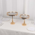 Set of 2 Pedestal Cake Stands Round Design with Mirror Top Gold - Crystal Beaded Cupcake Dessert Display Metal 11", 13" - Bell Racket Store