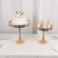 Set of 2 Pedestal Cake Stands Round Design with Mirror Top Gold - Crystal Beaded Cupcake Dessert Display Metal 11", 13" - Bell Racket Store