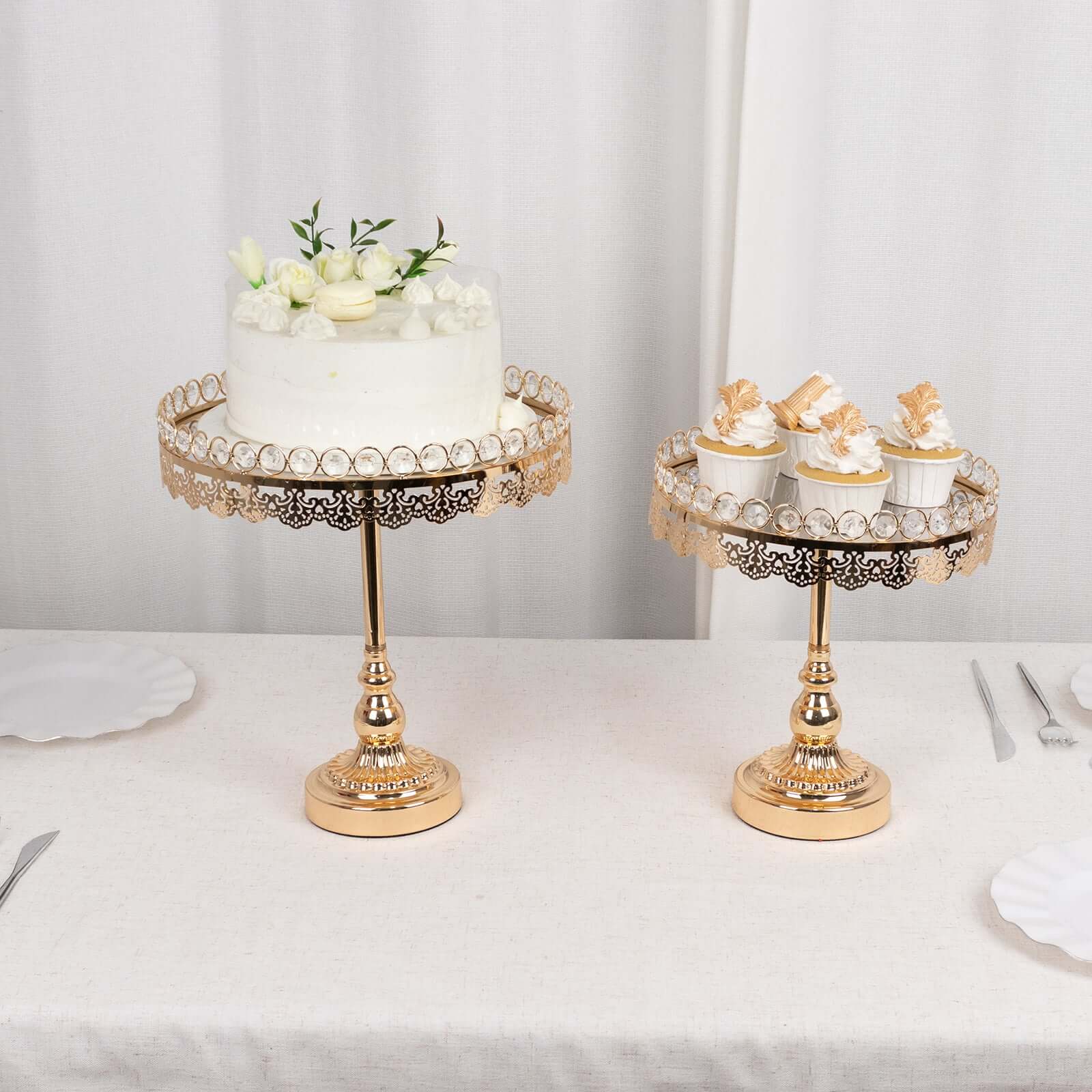 Set of 2 Pedestal Cake Stands Round Design with Mirror Top Gold - Crystal Beaded Cupcake Dessert Display Metal 11", 13" - Bell Racket Store
