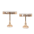 Set of 2 Pedestal Cake Stands Round Design with Mirror Top Gold - Crystal Beaded Cupcake Dessert Display Metal 11", 13" - Bell Racket Store