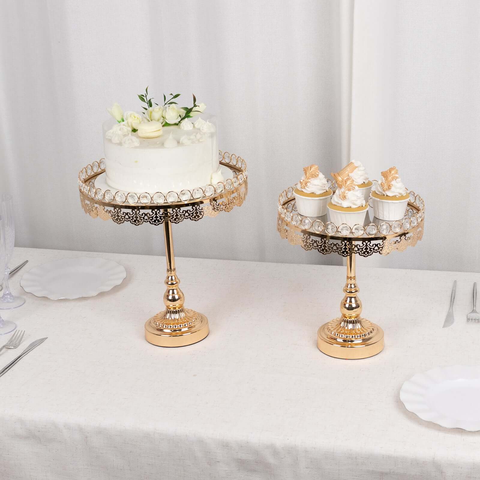 Set of 2 Pedestal Cake Stands Round Design with Mirror Top Gold - Crystal Beaded Cupcake Dessert Display Metal 11", 13" - Bell Racket Store