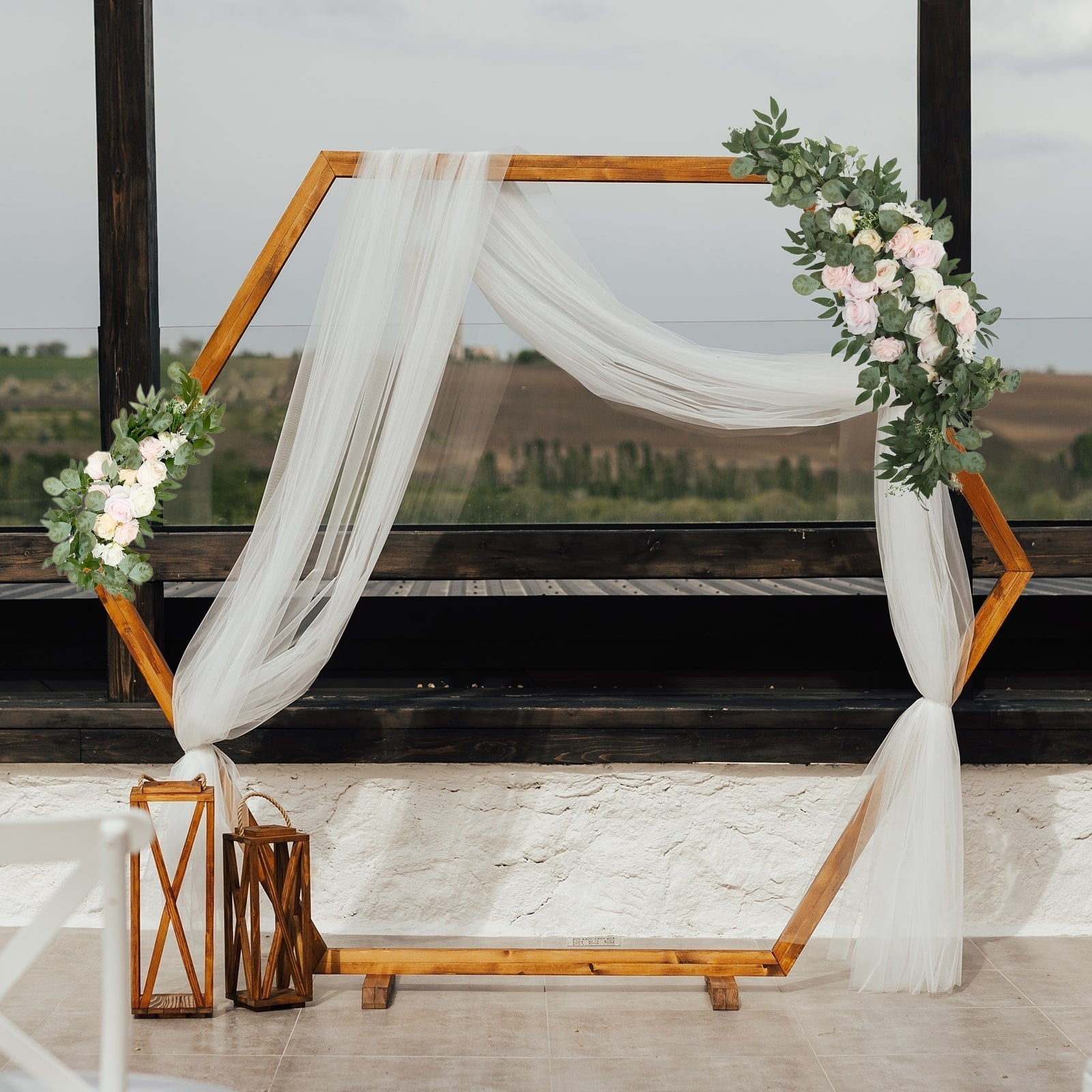 Set of 2 Silk Rose Floral Swag Wedding Arch Flowers in Cream Blush with Eucalyptus Leaves, Large Artificial Flower Arrangement Garlands - 24",42" - Bell Racket Store