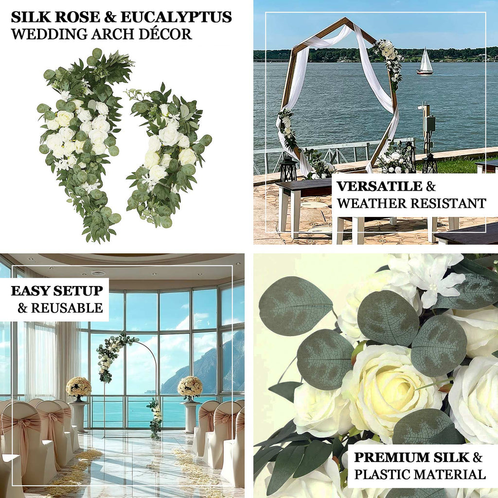 Set of 2 Silk Rose Floral Swag Wedding Arch Flowers in Cream Blush with Eucalyptus Leaves, Large Artificial Flower Arrangement Garlands - 24",42" - Bell Racket Store