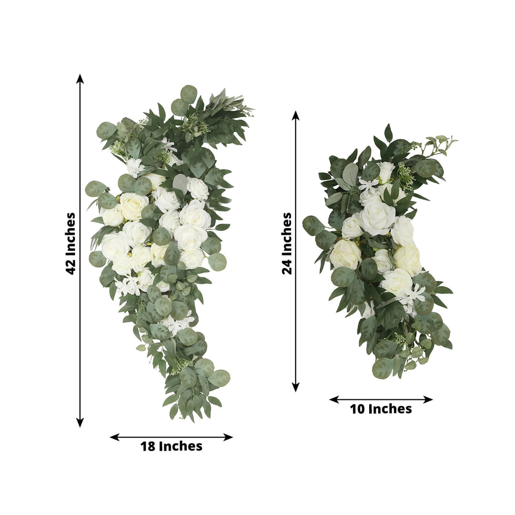 Set of 2 Silk Rose Floral Swag Wedding Arch Flowers in White with Eucalyptus Leaves, Large Artificial Flower Arrangement Garlands - 24",42" - Bell Racket Store
