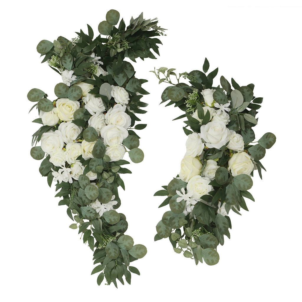 Set of 2 Silk Rose Floral Swag Wedding Arch Flowers in White with Eucalyptus Leaves, Large Artificial Flower Arrangement Garlands - 24",42" - Bell Racket Store