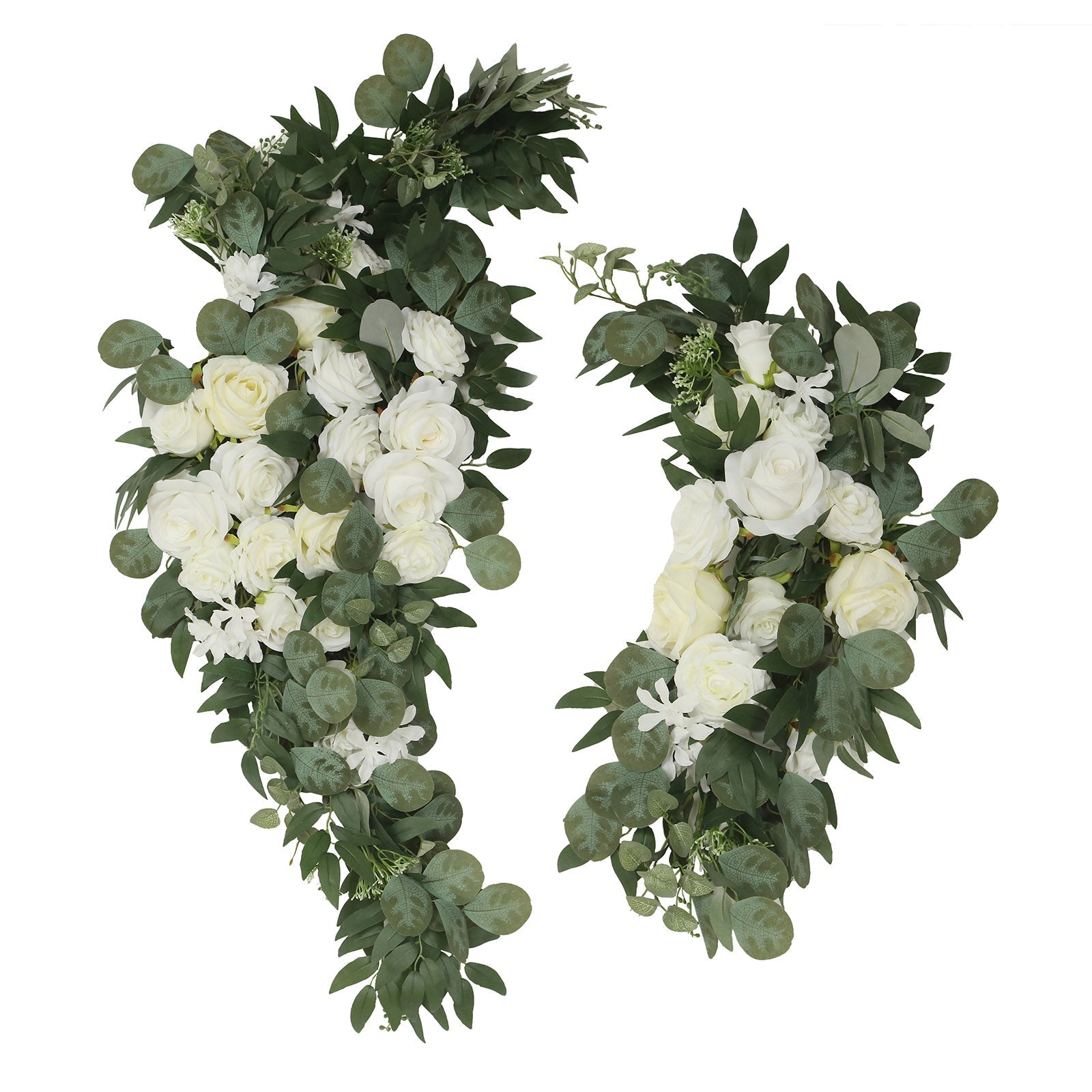 Set of 2 Silk Rose Floral Swag Wedding Arch Flowers in White with Eucalyptus Leaves, Large Artificial Flower Arrangement Garlands - 24",42" - Bell Racket Store