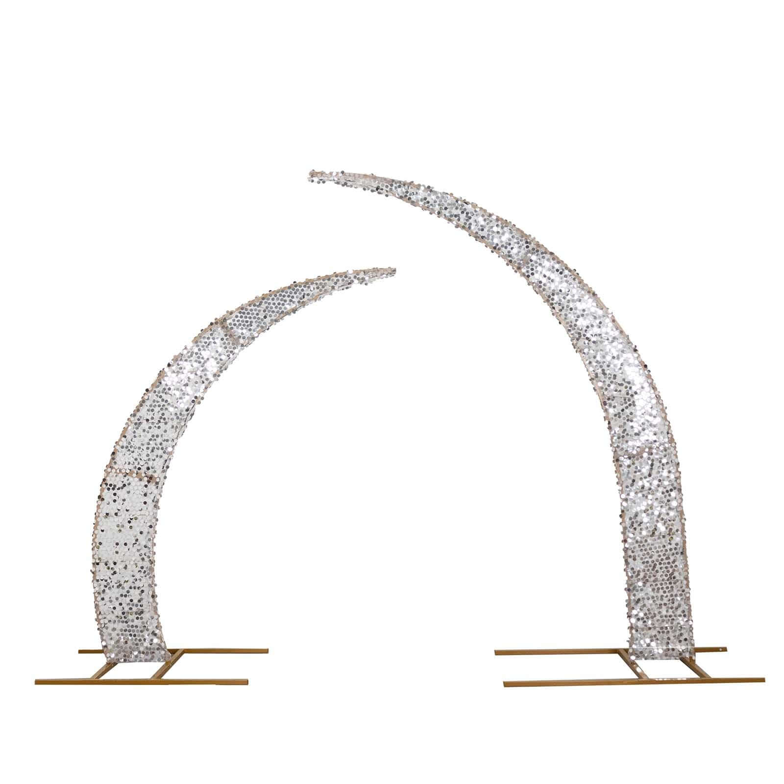 Set of 2 Silver Big Payette Sequin Backdrop Stand Cover for Half Crescent Moon Wedding Arch, Sparkly Double Sided - 6.5ft, 8ft - Bell Racket Store