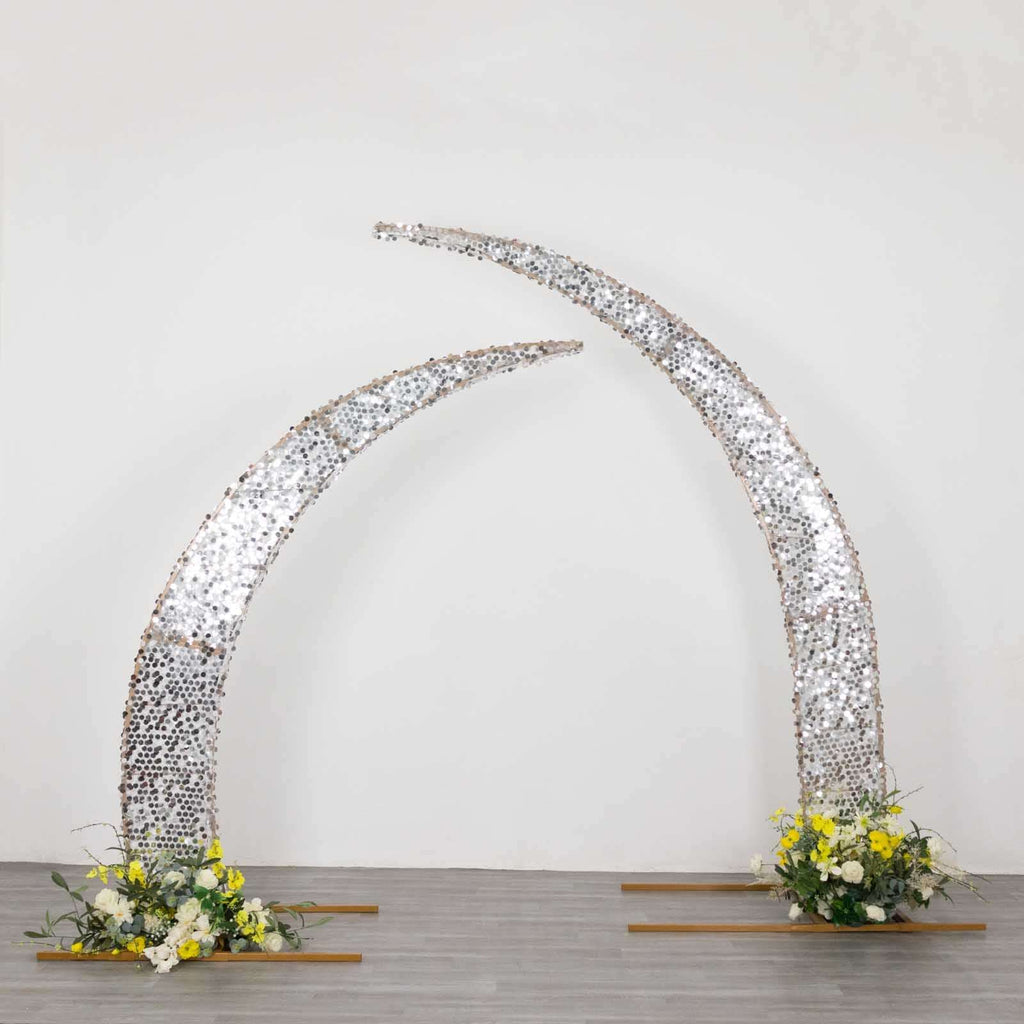 Set of 2 Silver Big Payette Sequin Backdrop Stand Cover for Half Crescent Moon Wedding Arch, Sparkly Double Sided - 6.5ft, 8ft - Bell Racket Store