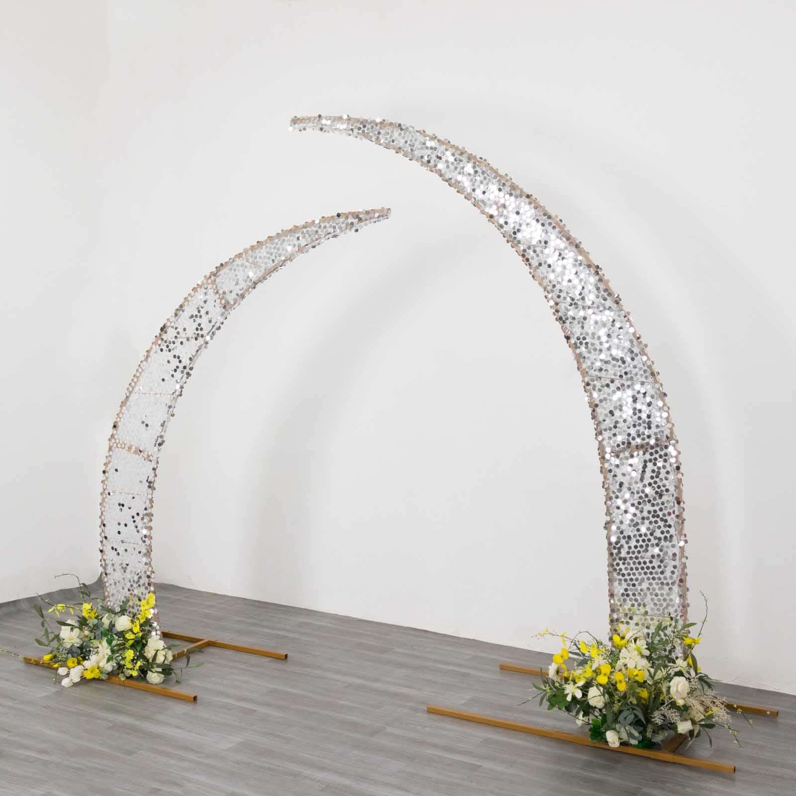Set of 2 Silver Big Payette Sequin Backdrop Stand Cover for Half Crescent Moon Wedding Arch, Sparkly Double Sided - 6.5ft, 8ft - Bell Racket Store