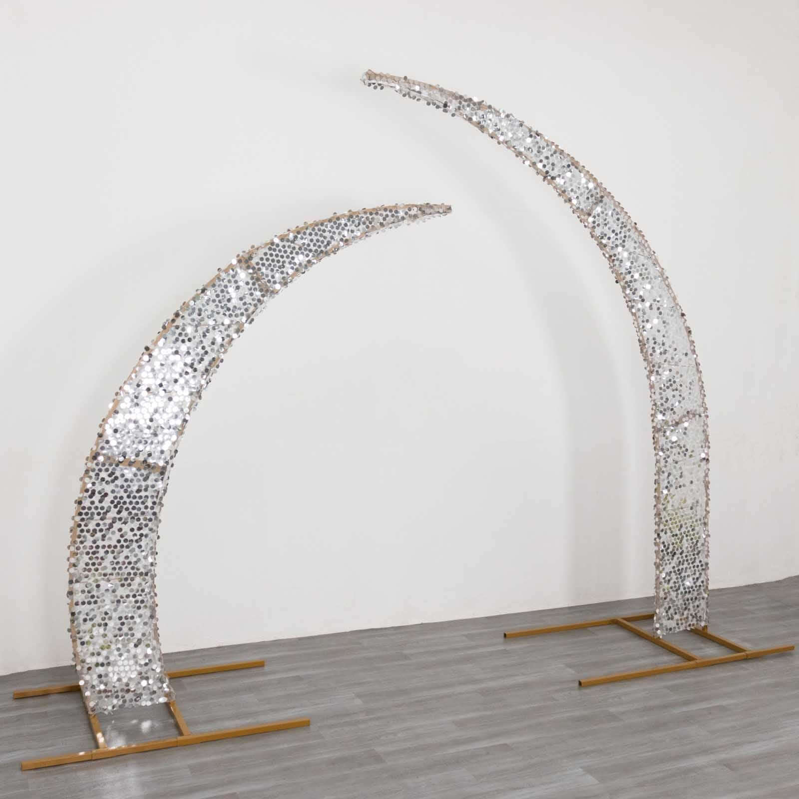 Set of 2 Silver Big Payette Sequin Backdrop Stand Cover for Half Crescent Moon Wedding Arch, Sparkly Double Sided - 6.5ft, 8ft - Bell Racket Store