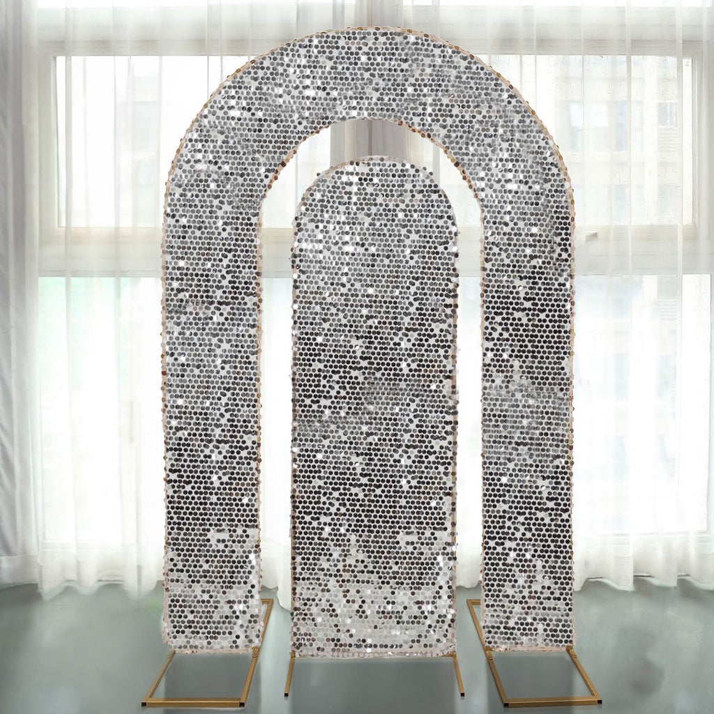 Set of 2 Silver Payette Sequin Wedding Arch Covers for Round Top and Double Arch Chiara Backdrop Stands - 6ft,8ft - Bell Racket Store