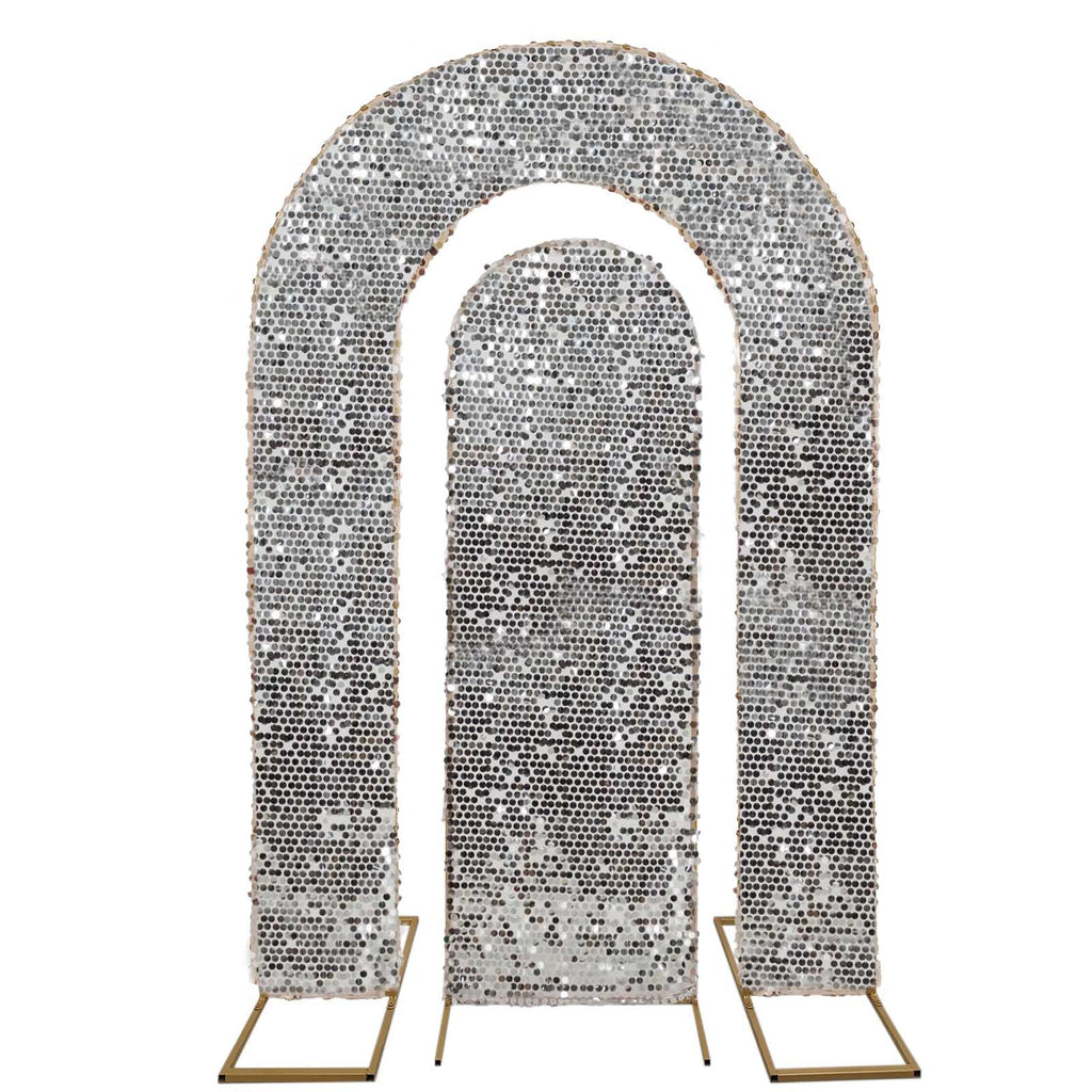 Set of 2 Silver Payette Sequin Wedding Arch Covers for Round Top and Double Arch Chiara Backdrop Stands - 6ft,8ft - Bell Racket Store