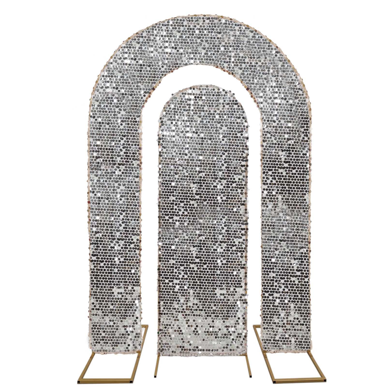 Set of 2 Silver Payette Sequin Wedding Arch Covers for Round Top and Double Arch Chiara Backdrop Stands - 6ft,8ft - Bell Racket Store