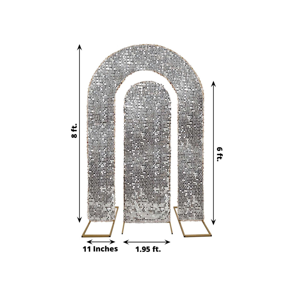 Set of 2 Silver Payette Sequin Wedding Arch Covers for Round Top and Double Arch Chiara Backdrop Stands - 6ft,8ft - Bell Racket Store