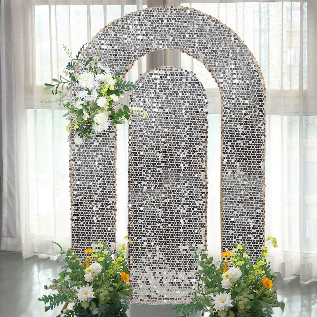 Set of 2 Silver Payette Sequin Wedding Arch Covers for Round Top and Double Arch Chiara Backdrop Stands - 6ft,8ft - Bell Racket Store