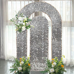 Set of 2 Silver Payette Sequin Wedding Arch Covers for Round Top and Double Arch Chiara Backdrop Stands - 6ft,8ft - Bell Racket Store