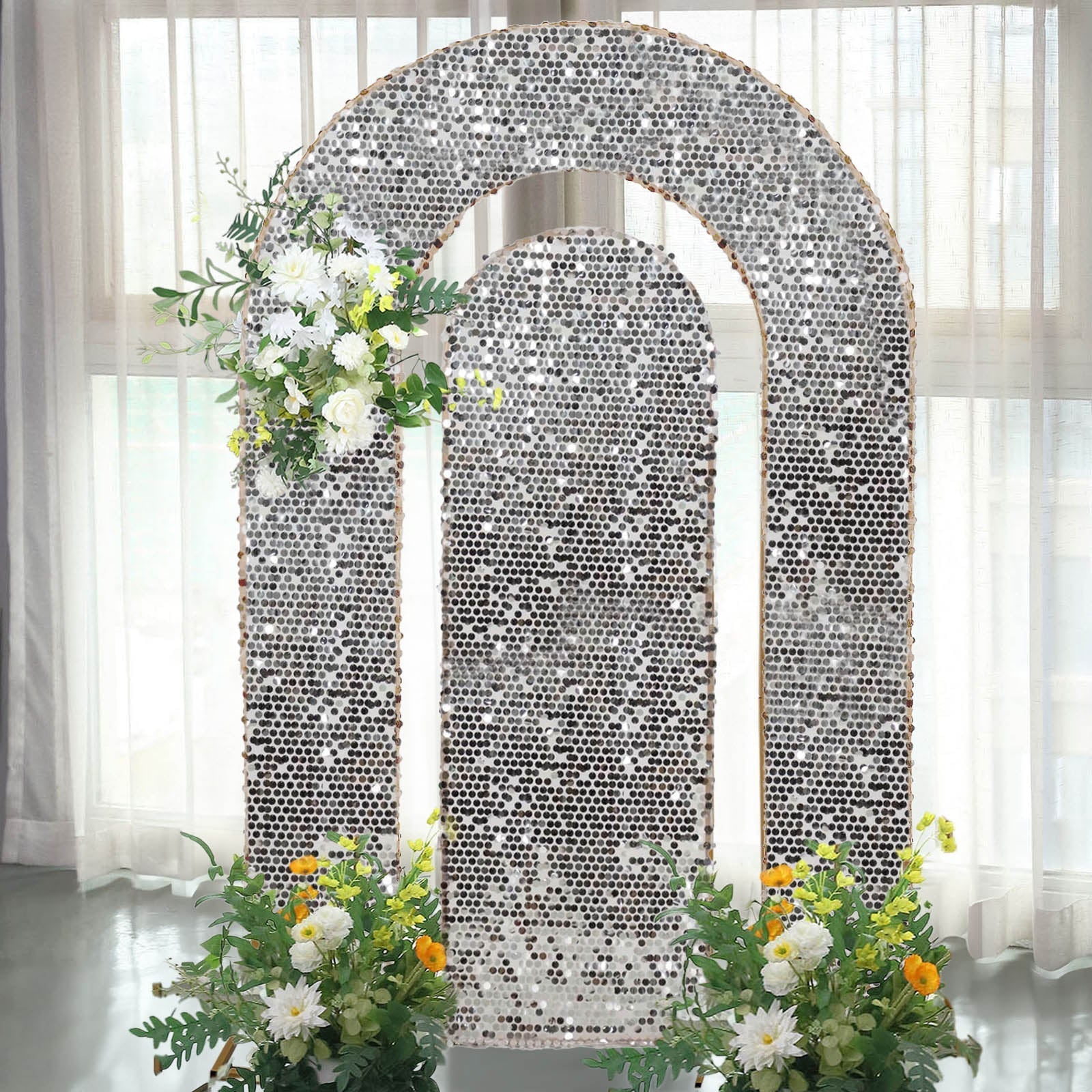 Set of 2 Silver Payette Sequin Wedding Arch Covers for Round Top and Double Arch Chiara Backdrop Stands - 6ft,8ft - Bell Racket Store