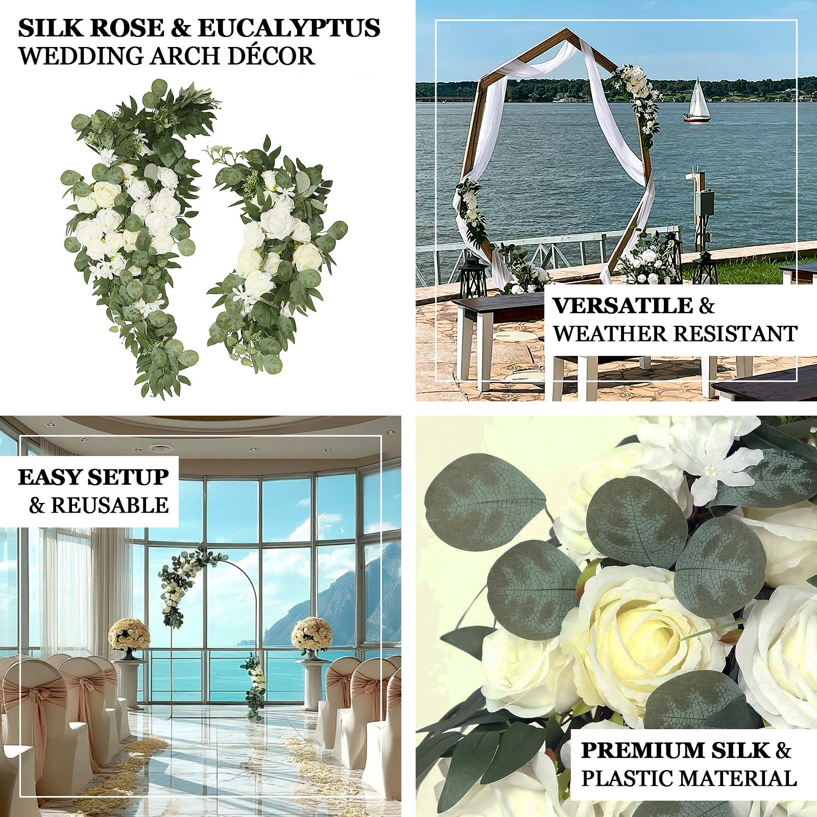 Set of 2 White Silk Rose Wedding Arch Flowers with Eucalyptus Leaves, Artificial Floral Swag Arrangement Party Decorations - 20",30" - Bell Racket Store