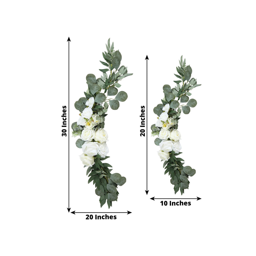 Set of 2 White Silk Rose Wedding Arch Flowers with Eucalyptus Leaves, Artificial Floral Swag Arrangement Party Decorations - 20",30" - Bell Racket Store