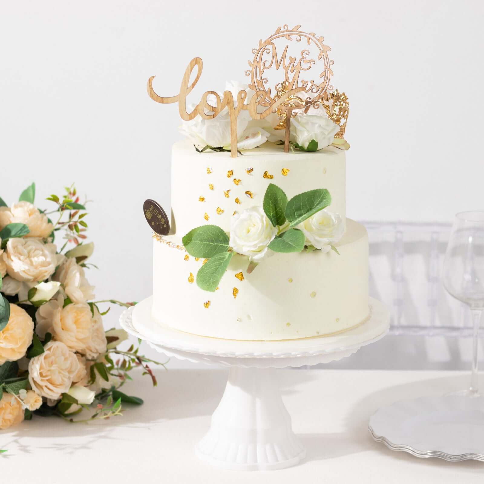 Set of 2 Wooden Cake Toppers Mr & Mrs and Love Design Natural - Rustic Wedding Cupcake Decorations - Bell Racket Store