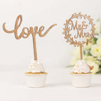 Set of 2 Wooden Cake Toppers Mr & Mrs and Love Design Natural - Rustic Wedding Cupcake Decorations - Bell Racket Store