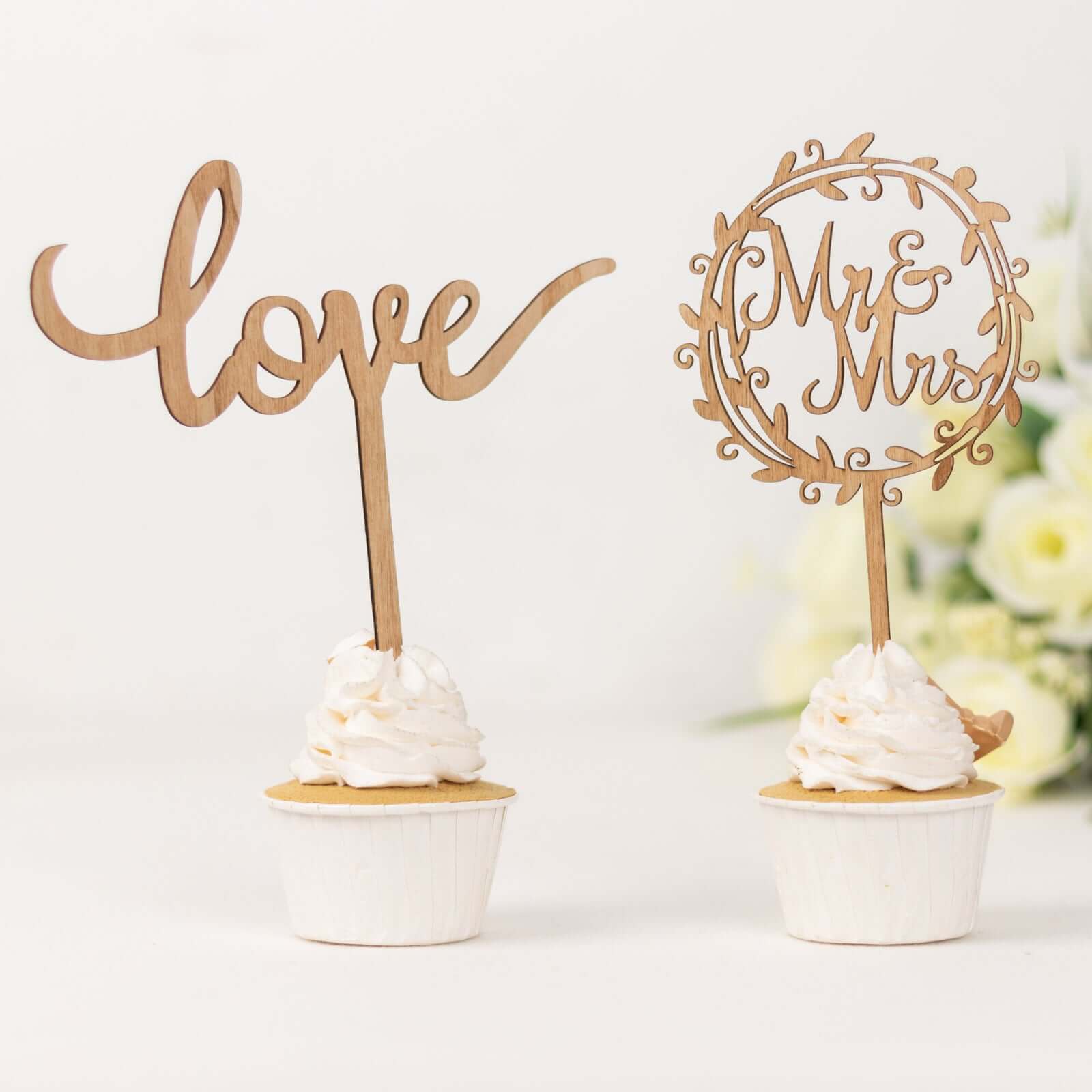 Set of 2 Wooden Cake Toppers Mr & Mrs and Love Design Natural - Rustic Wedding Cupcake Decorations - Bell Racket Store