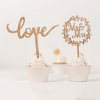 Set of 2 Wooden Cake Toppers Mr & Mrs and Love Design Natural - Rustic Wedding Cupcake Decorations - Bell Racket Store