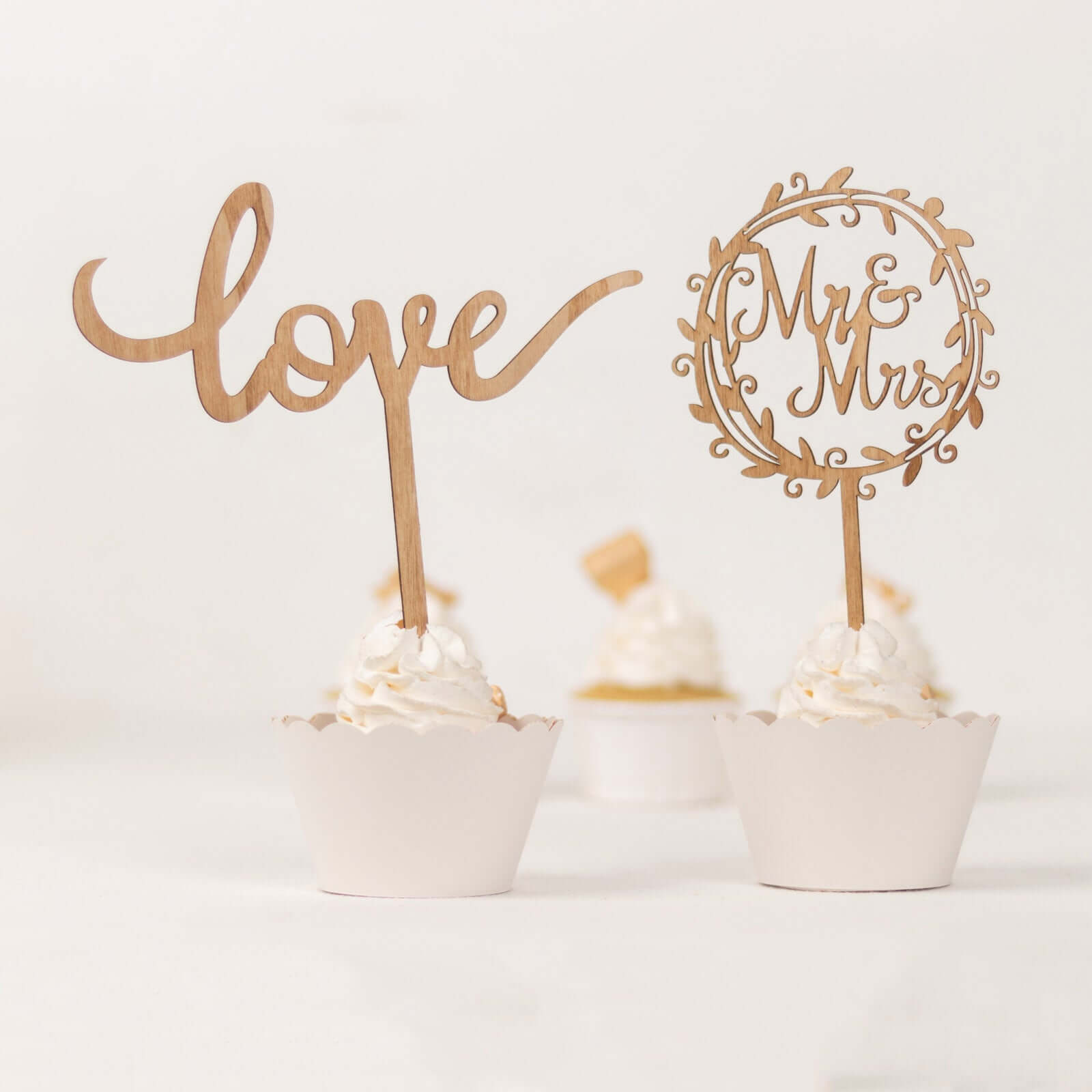 Set of 2 Wooden Cake Toppers Mr & Mrs and Love Design Natural - Rustic Wedding Cupcake Decorations - Bell Racket Store