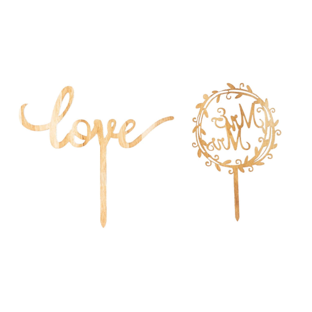 Set of 2 Wooden Cake Toppers Mr & Mrs and Love Design Natural - Rustic Wedding Cupcake Decorations - Bell Racket Store