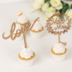 Set of 2 Wooden Cake Toppers Mr & Mrs and Love Design Natural - Rustic Wedding Cupcake Decorations - Bell Racket Store