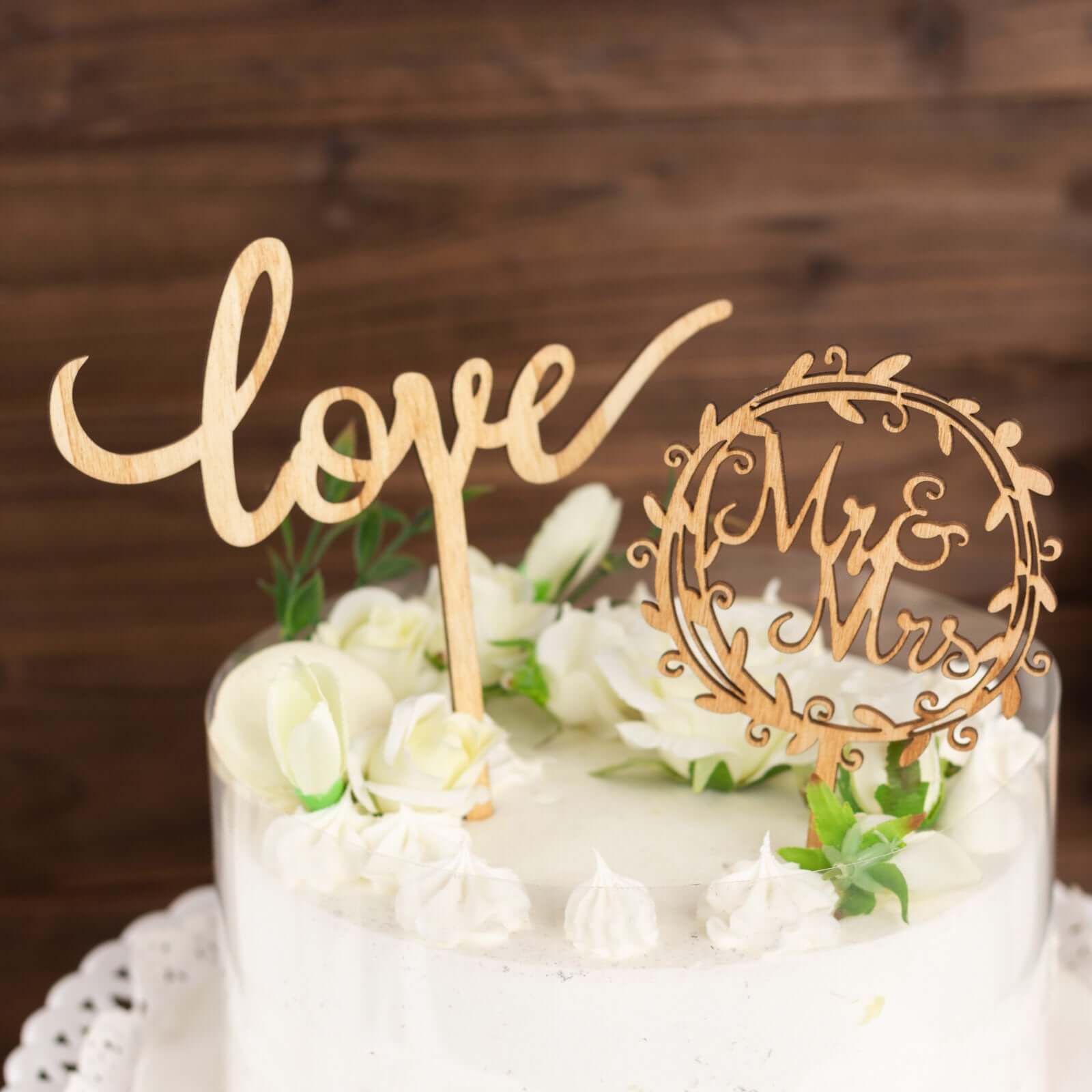 Set of 2 Wooden Cake Toppers Mr & Mrs and Love Design Natural - Rustic Wedding Cupcake Decorations - Bell Racket Store