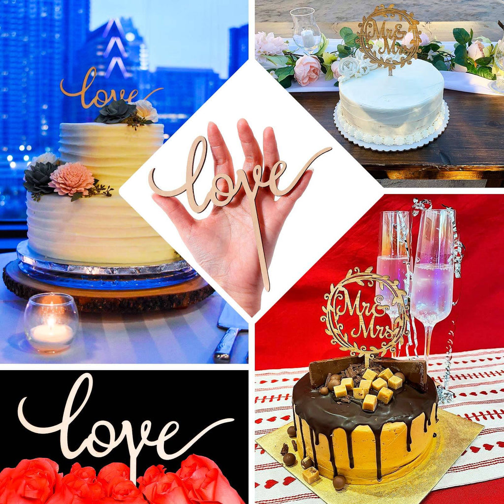 Set of 2 Wooden Cake Toppers Mr & Mrs and Love Design Natural - Rustic Wedding Cupcake Decorations - Bell Racket Store