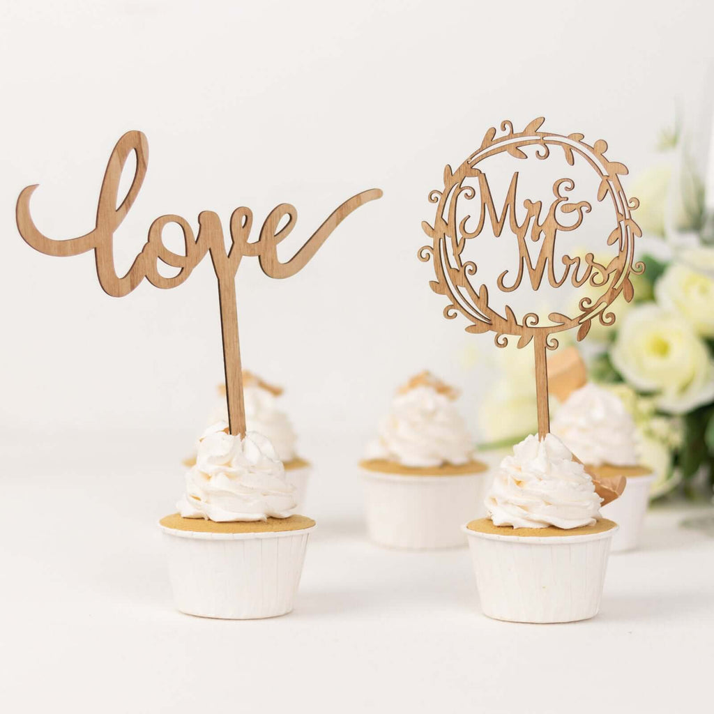 Set of 2 Wooden Cake Toppers Mr & Mrs and Love Design Natural - Rustic Wedding Cupcake Decorations - Bell Racket Store