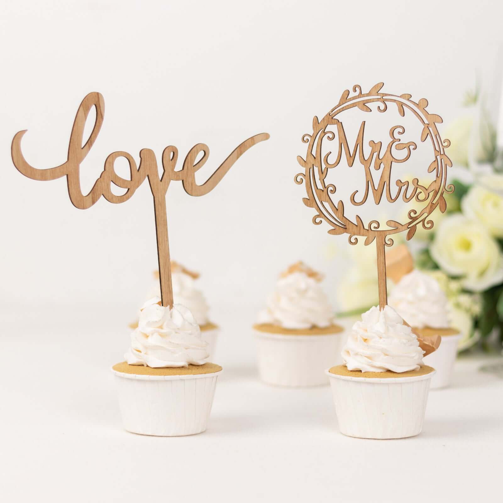 Set of 2 Wooden Cake Toppers Mr & Mrs and Love Design Natural - Rustic Wedding Cupcake Decorations - Bell Racket Store