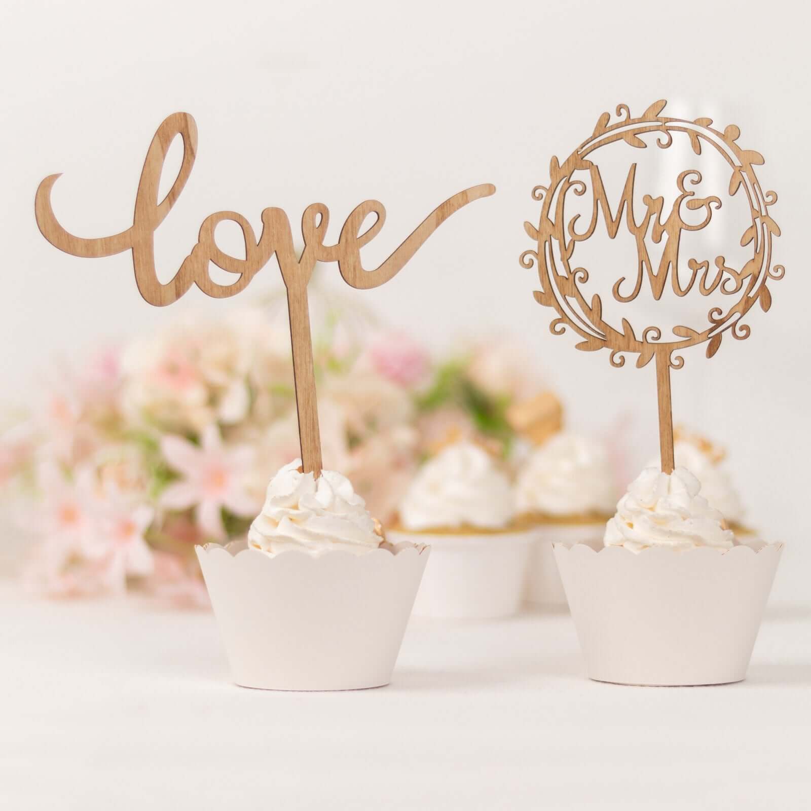 Set of 2 Wooden Cake Toppers Mr & Mrs and Love Design Natural - Rustic Wedding Cupcake Decorations - Bell Racket Store