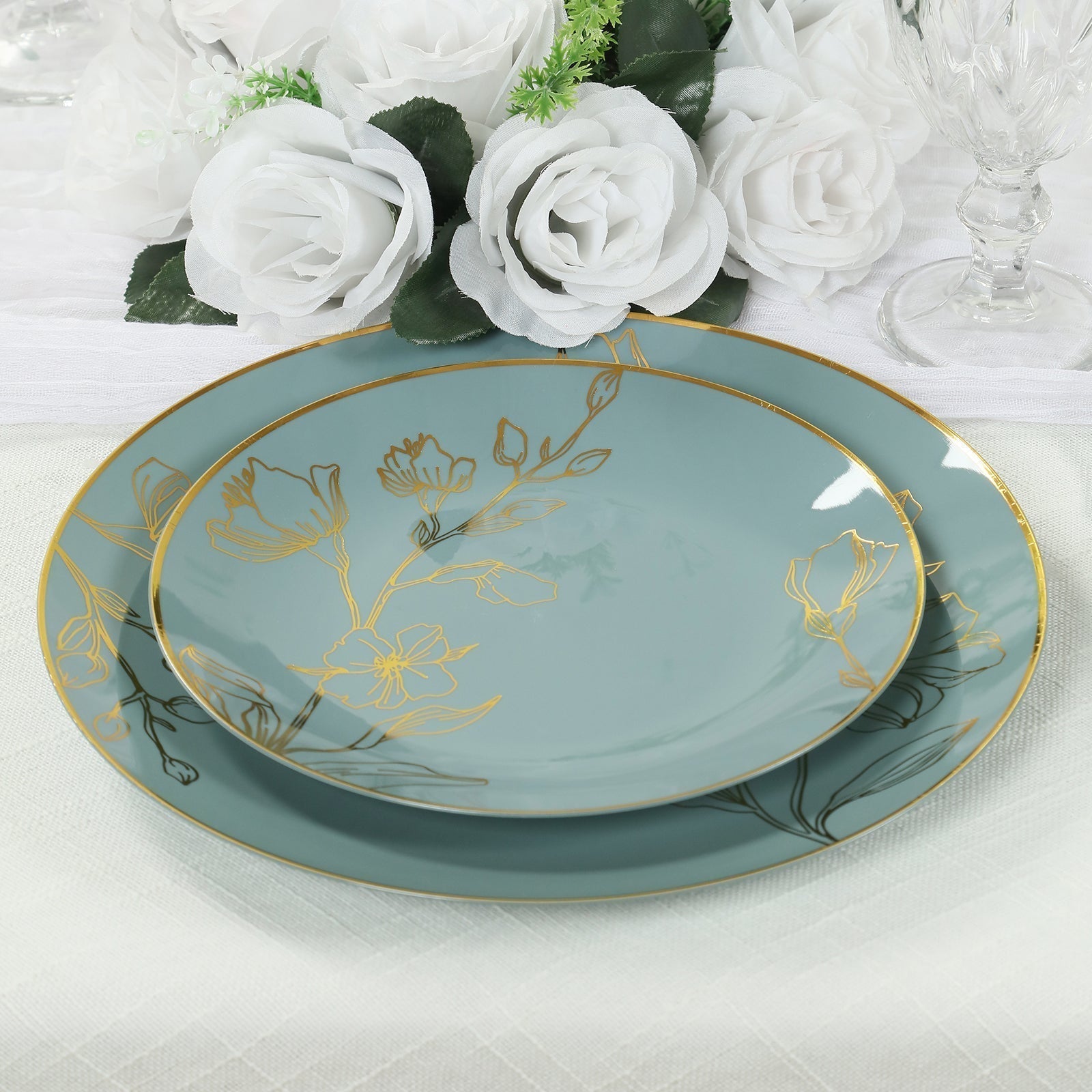 Set of 20 Dusty Blue Plastic Dinner Dessert Plates With Metallic Gold Floral Design, Disposable Round Party Plates - 8",10" - Bell Racket Store
