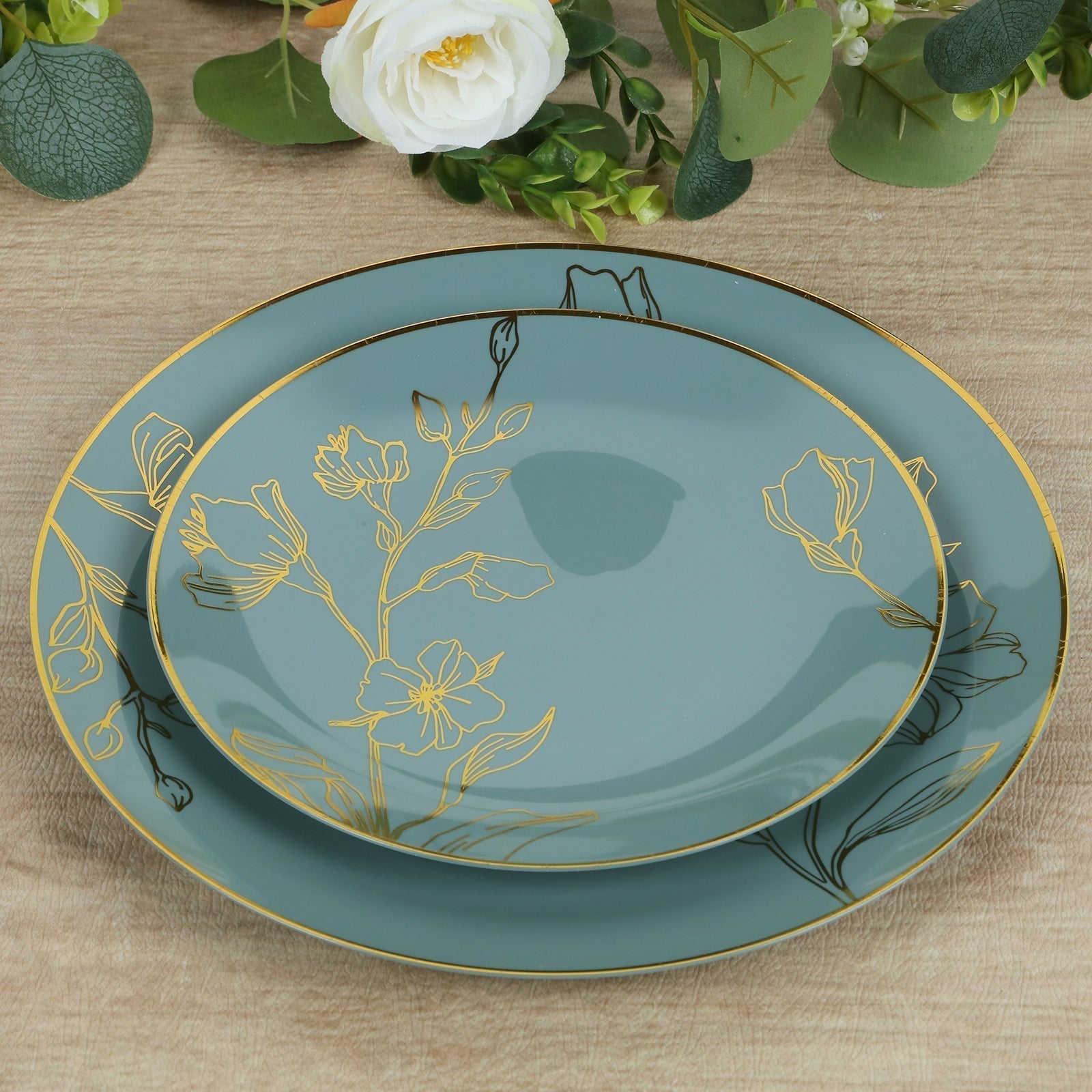 Set of 20 Dusty Blue Plastic Dinner Dessert Plates With Metallic Gold Floral Design, Disposable Round Party Plates - 8",10" - Bell Racket Store