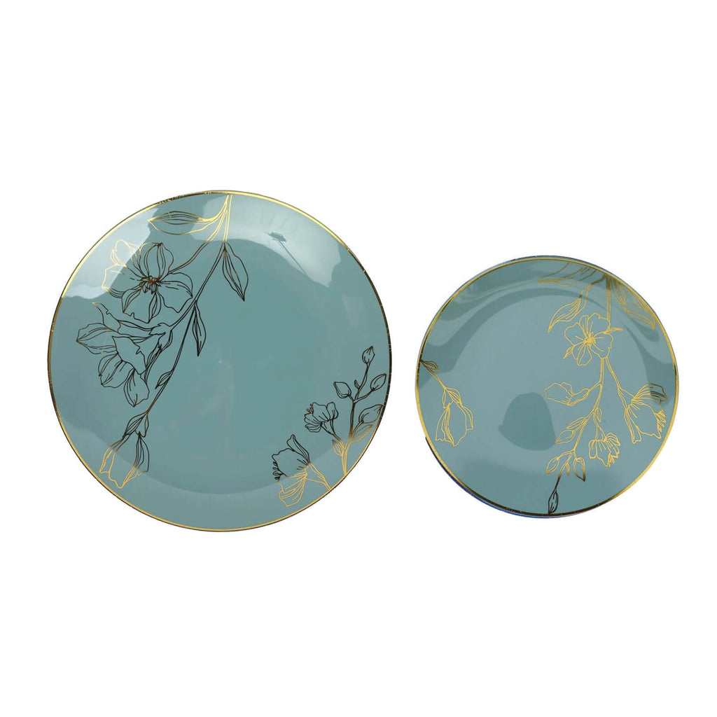 Set of 20 Dusty Blue Plastic Dinner Dessert Plates With Metallic Gold Floral Design, Disposable Round Party Plates - 8",10" - Bell Racket Store