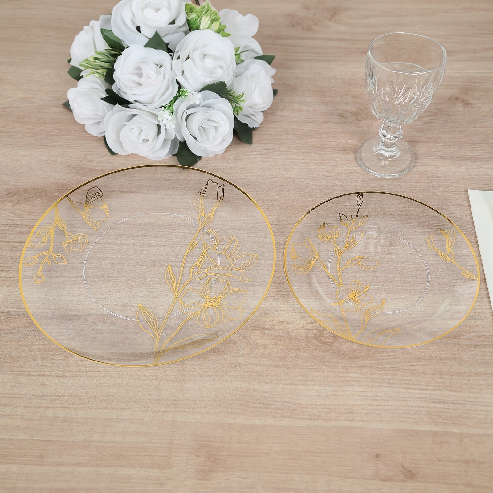 Set of 20 Plastic Round Dinner and Dessert Plates in Clear with Metallic Gold Floral Design - Stylish Disposable Dinnerware 8", 10" - Bell Racket Store