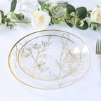 Set of 20 Plastic Round Dinner and Dessert Plates in Clear with Metallic Gold Floral Design - Stylish Disposable Dinnerware 8", 10" - Bell Racket Store