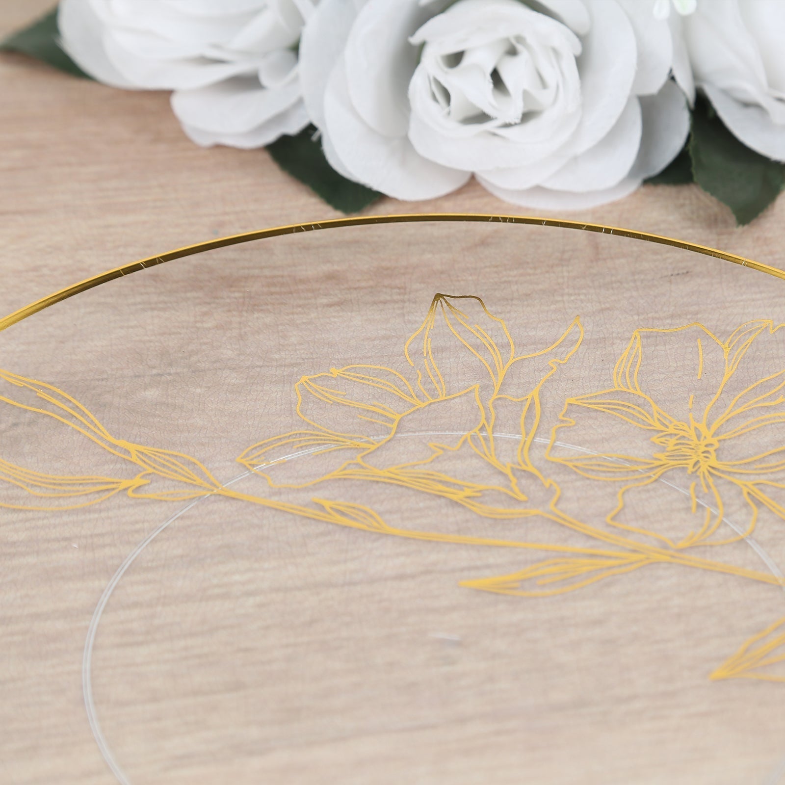 Set of 20 Plastic Round Dinner and Dessert Plates in Clear with Metallic Gold Floral Design - Stylish Disposable Dinnerware 8", 10" - Bell Racket Store