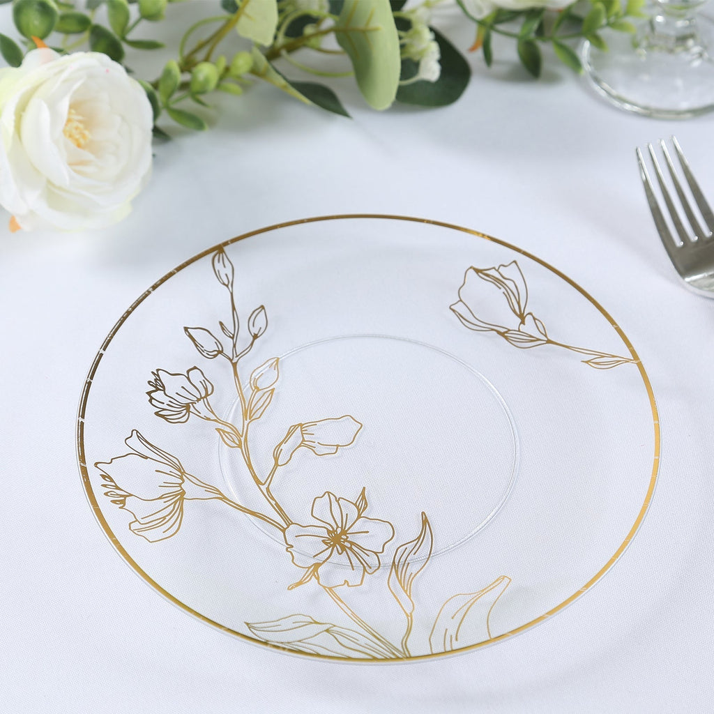 Set of 20 Plastic Round Dinner and Dessert Plates in Clear with Metallic Gold Floral Design - Stylish Disposable Dinnerware 8", 10" - Bell Racket Store