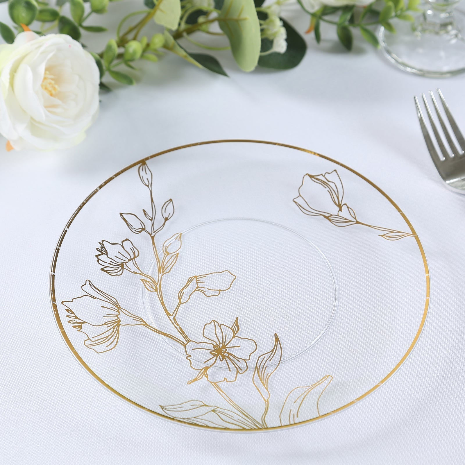 Set of 20 Plastic Round Dinner and Dessert Plates in Clear with Metallic Gold Floral Design - Stylish Disposable Dinnerware 8", 10" - Bell Racket Store