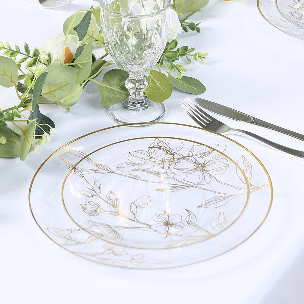 Set of 20 Plastic Round Dinner and Dessert Plates in Clear with Metallic Gold Floral Design - Stylish Disposable Dinnerware 8", 10" - Bell Racket Store
