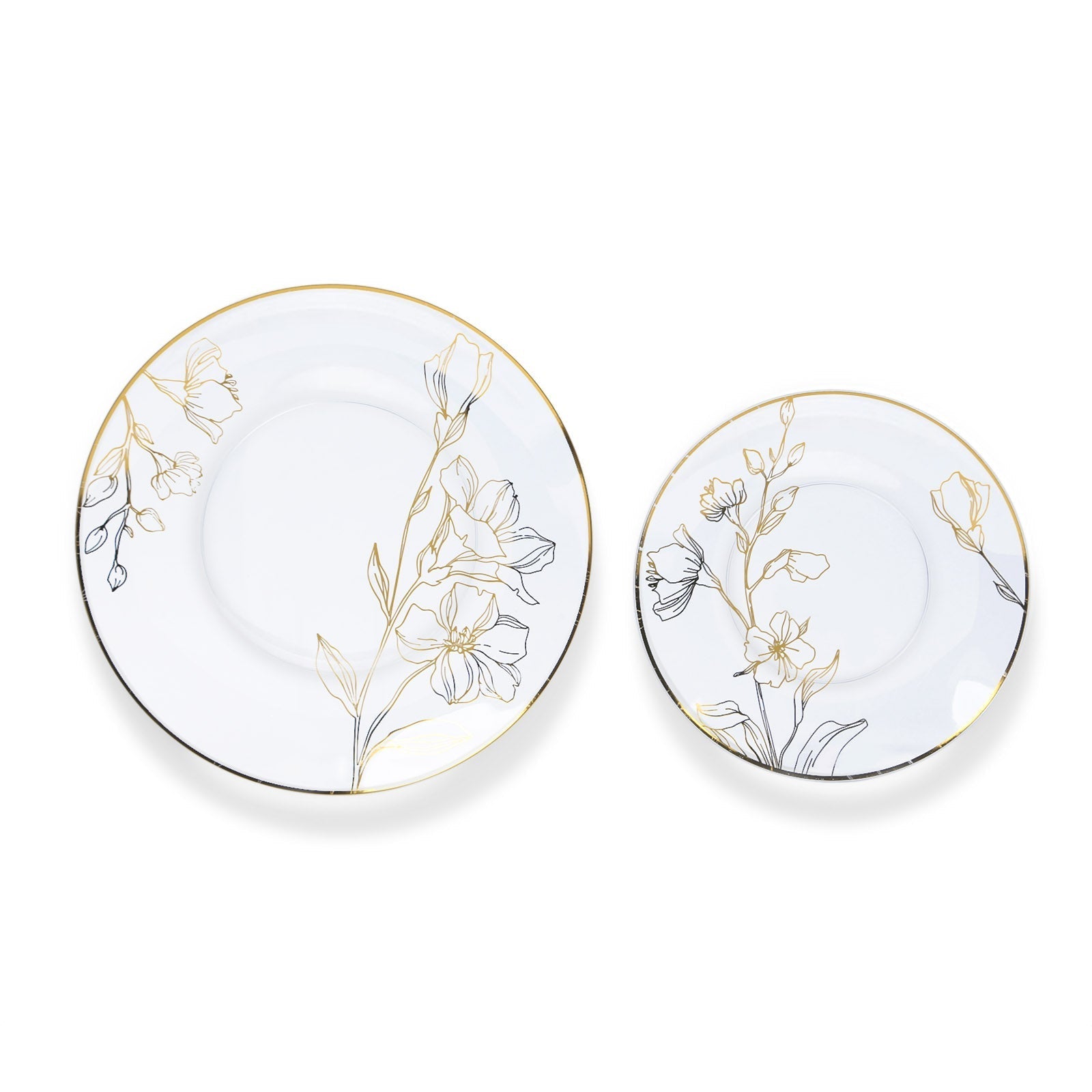 Set of 20 Plastic Round Dinner and Dessert Plates in Clear with Metallic Gold Floral Design - Stylish Disposable Dinnerware 8", 10" - Bell Racket Store