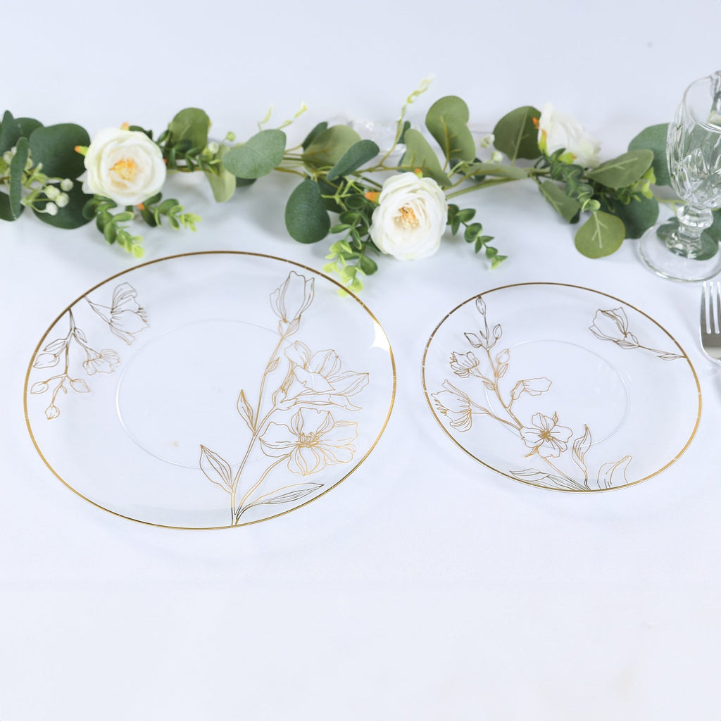 Set of 20 Plastic Round Dinner and Dessert Plates in Clear with Metallic Gold Floral Design - Stylish Disposable Dinnerware 8", 10" - Bell Racket Store