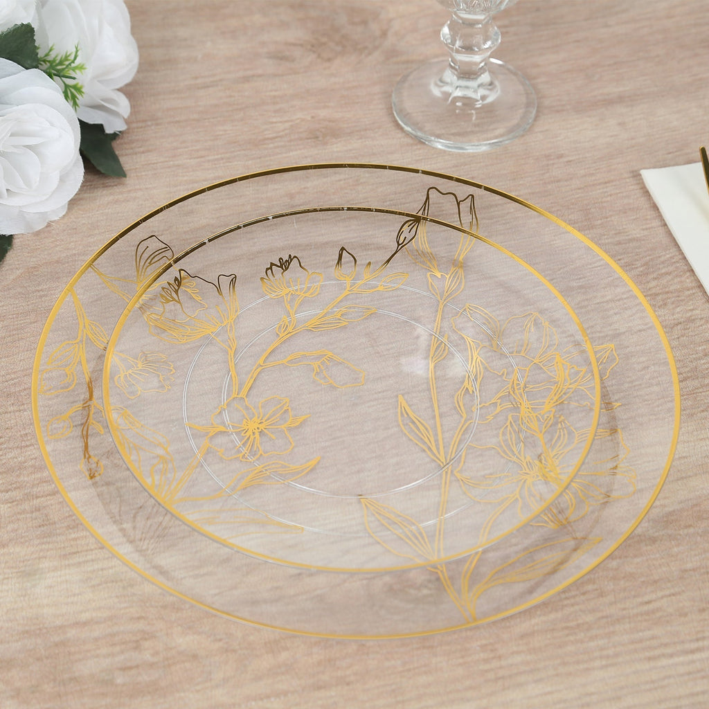 Set of 20 Plastic Round Dinner and Dessert Plates in Clear with Metallic Gold Floral Design - Stylish Disposable Dinnerware 8", 10" - Bell Racket Store